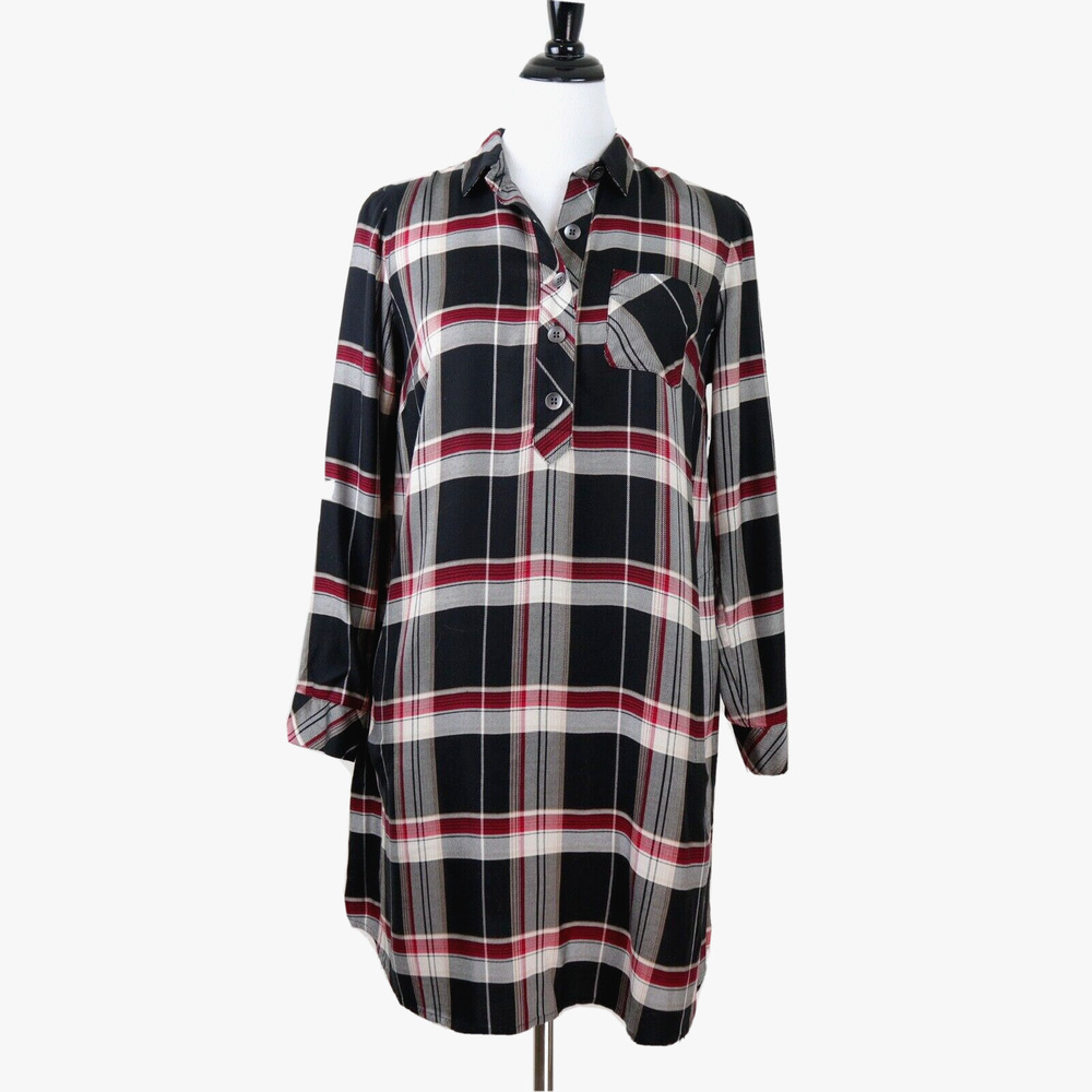 J Jill Size Petite XS Tencel Popover Shirt Dress Black Red Plaid - Picture 3 of 11